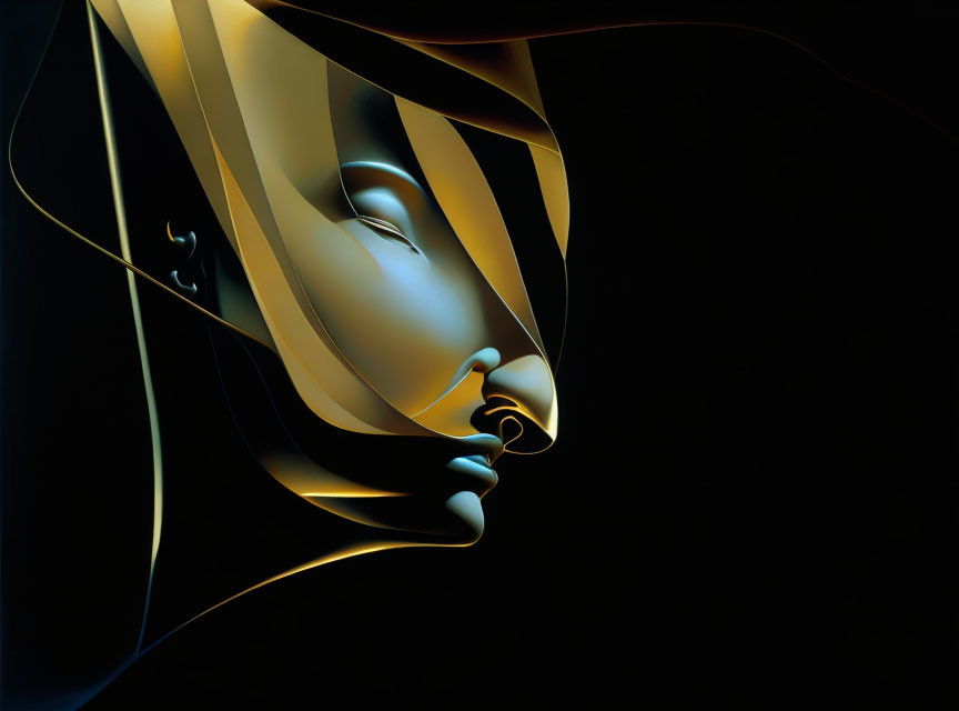 Stylized female face with golden lines on dark background