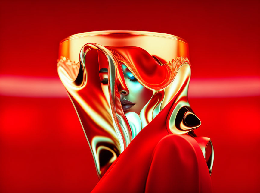 Surreal digital artwork: Woman with golden elements on vibrant red backdrop