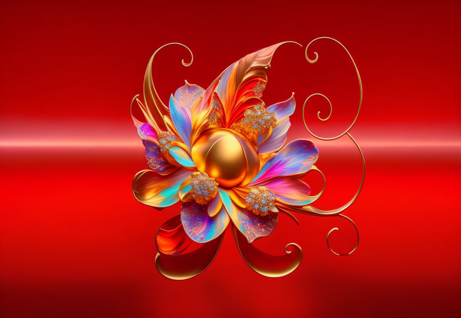 Vibrant abstract flower art with gold swirls on red background