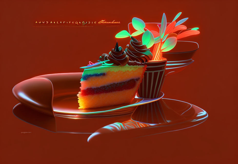 Colorful rainbow cake slice and chocolate sundae on reflective surface.