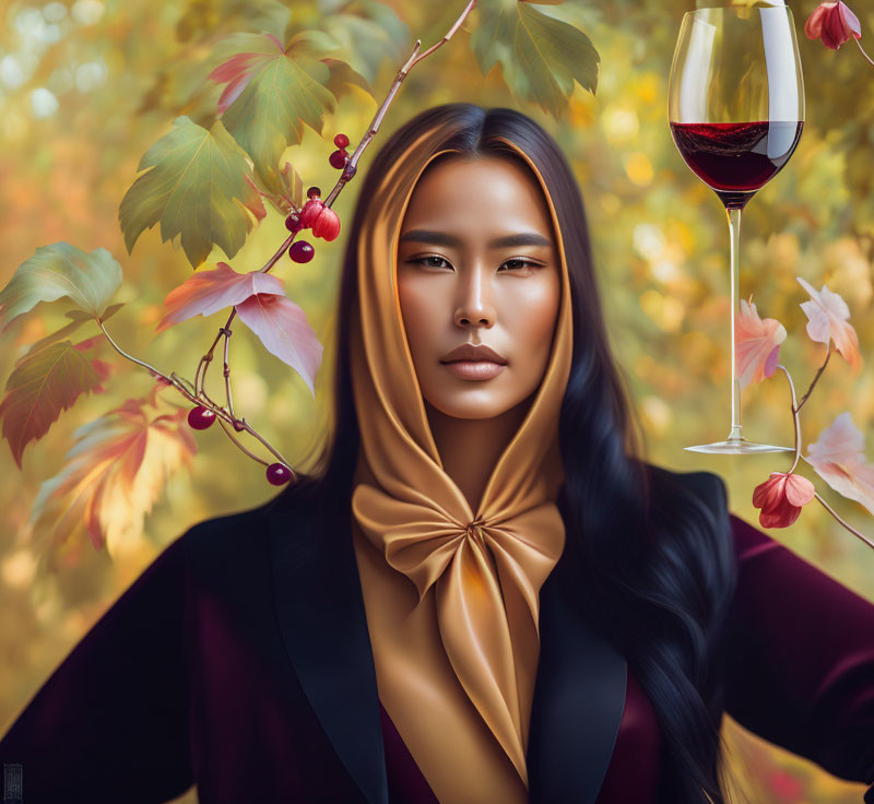 Person with Dark Hair in Scarf & Jacket Sits with Wine & Autumn Leaves