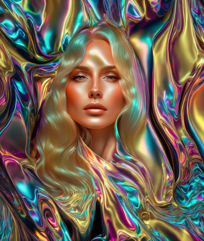 Blonde woman portrait with vibrant liquid textures