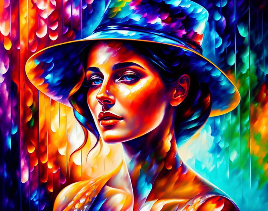 Colorful portrait of a woman in a hat with psychedelic hues and glossy lighting