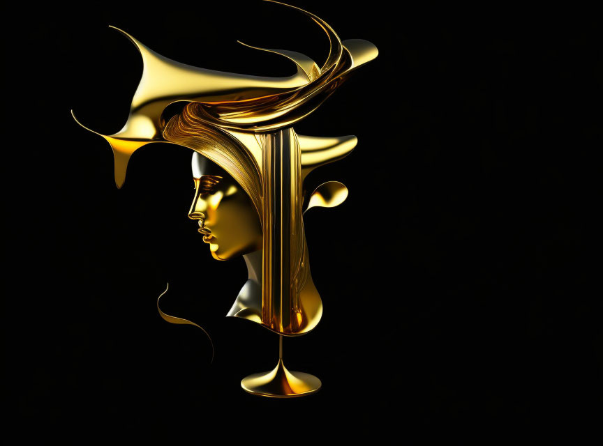 Golden silhouette of woman's profile with fluid hair on dark background