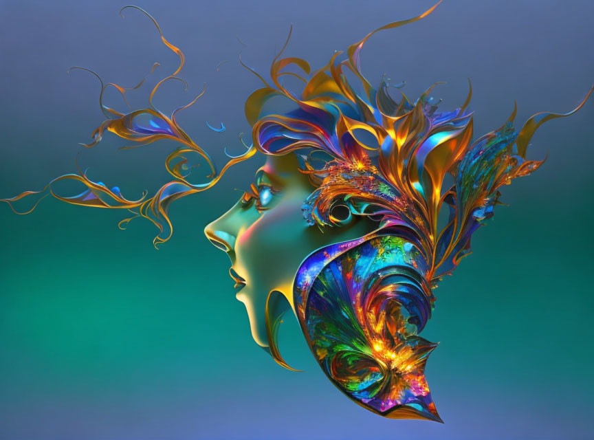 Abstract digital artwork: colorful face profile with metallic floral swirls