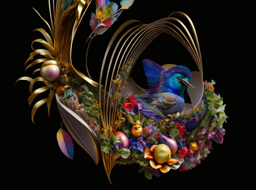 Colorful bird surrounded by gold swirls, flowers, and fruits on dark background