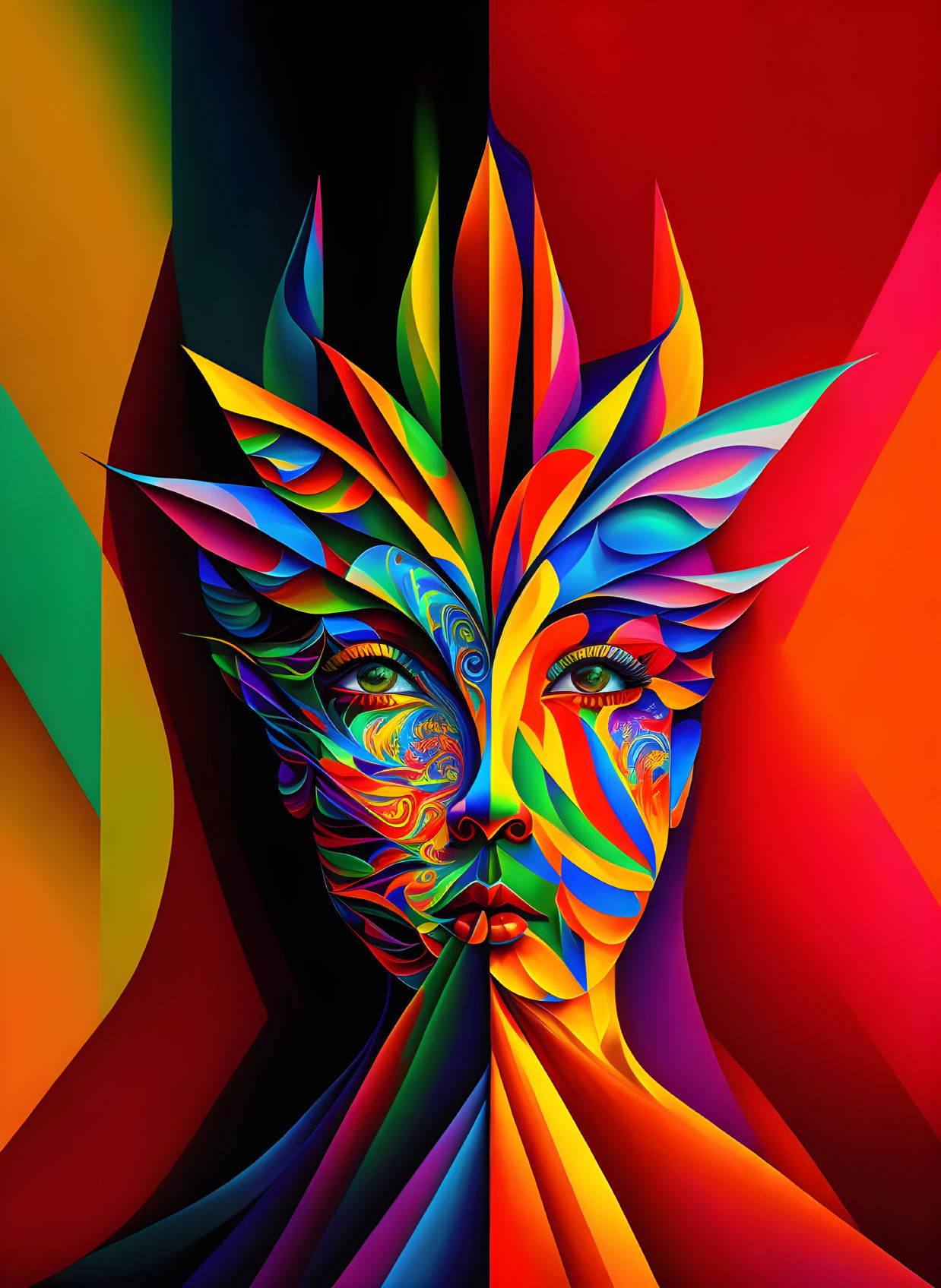 Colorful digital artwork: Stylized face with leaf patterns on abstract background