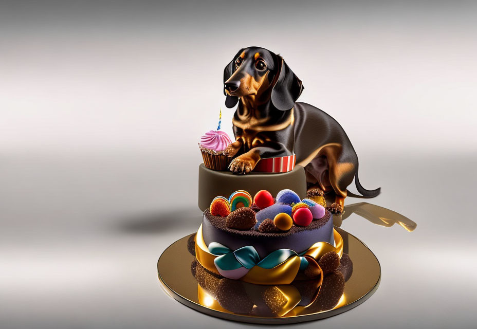 Dachshund posing on ornate cake with macarons and ribbons