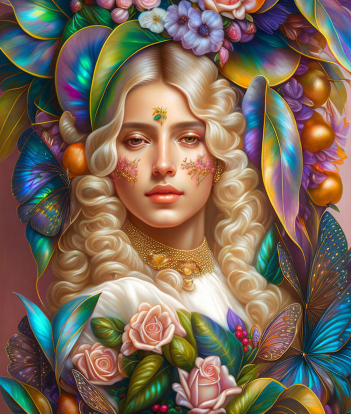 Vibrant woman portrait with blond hair, flowers, fruits, and butterflies