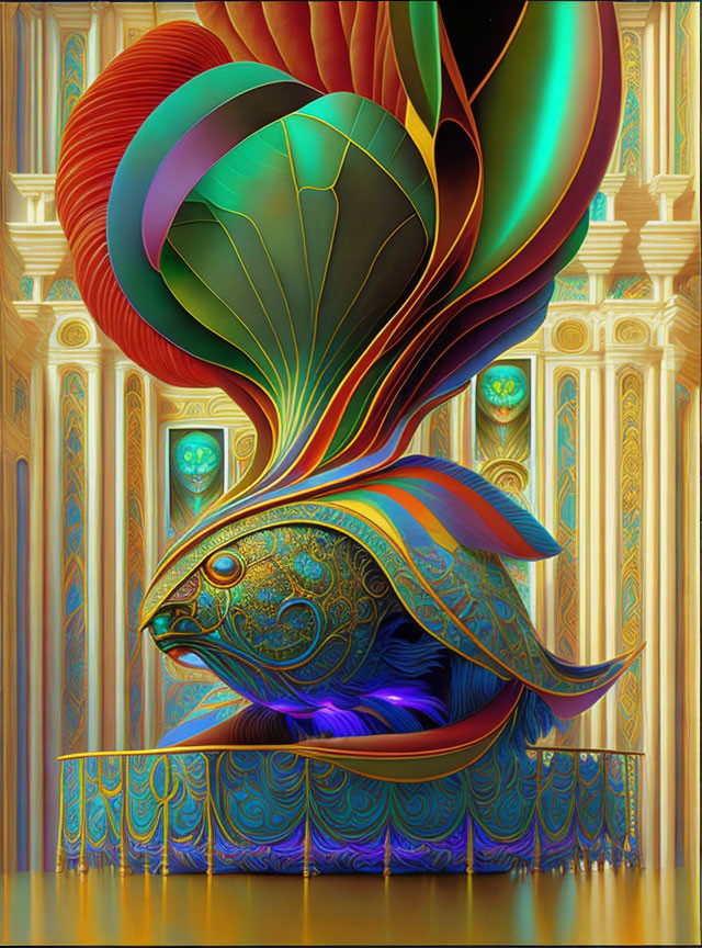 Surreal fish with ornate patterns and peacock-like tail against classical architecture