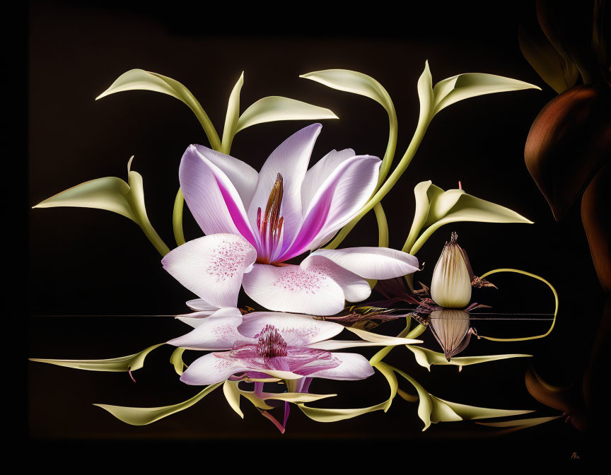 Stylized white lily with pink touches on dark surface