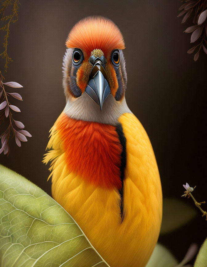 Colorful bird perched on leaf with purple flowers in background