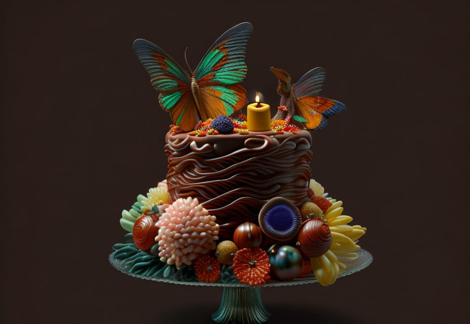 Colorful Flower and Butterfly Chocolate Cake with Lit Candle