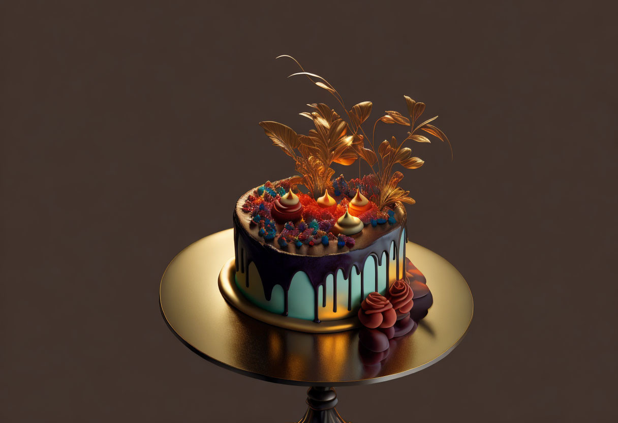 Luxurious cake with vibrant icing drips, gold leaves, berries, and chocolate decorations on gold stand