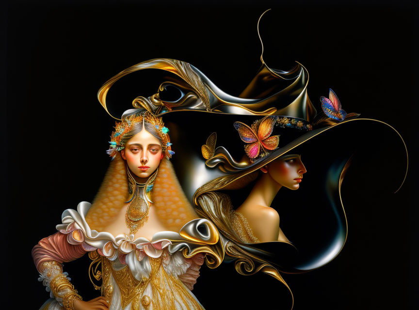 Surreal digital artwork: Two women in golden attire with butterflies, ornate details, dark background