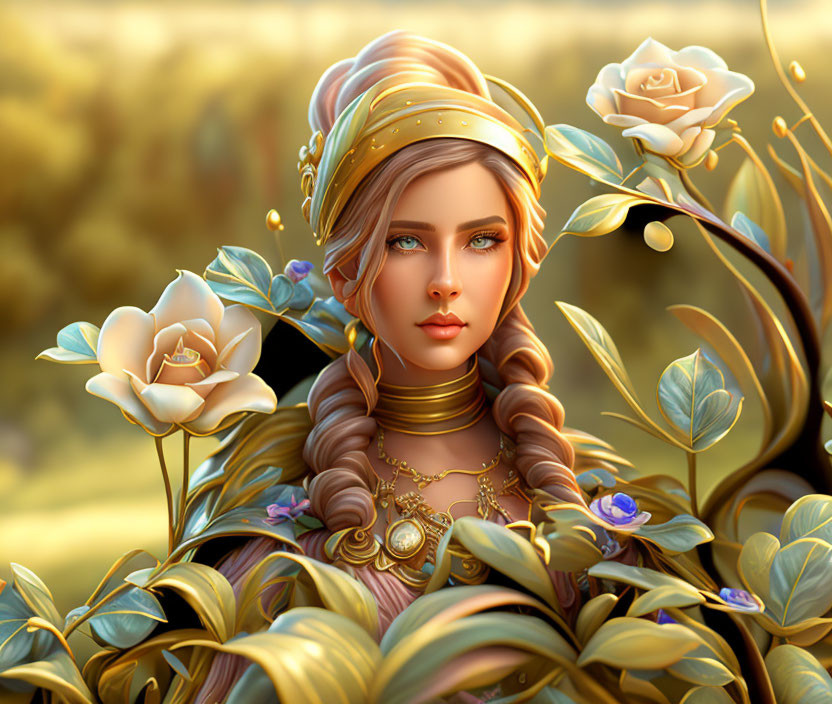 Digital artwork of woman with braided hair, golden jewelry, clothing, surrounded by leaves and roses