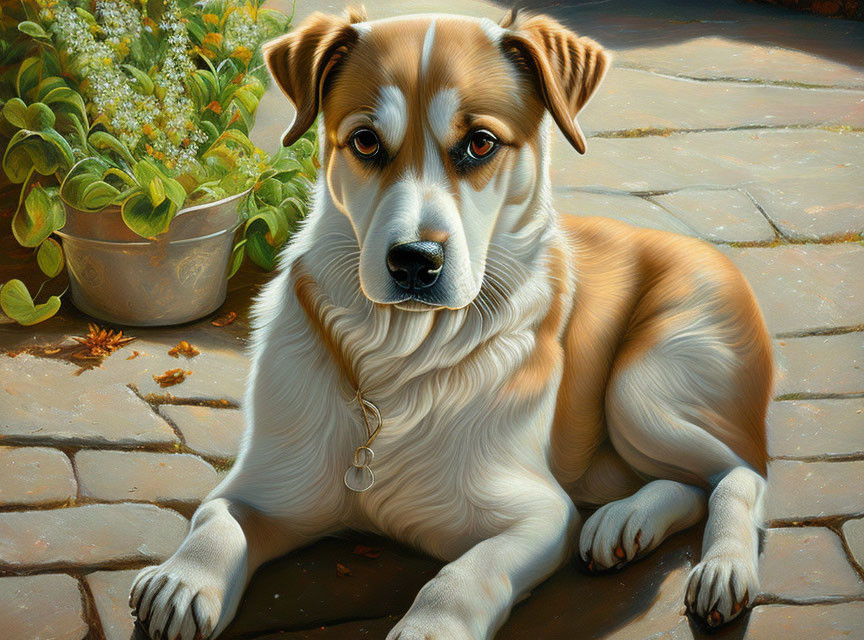 Tan and White Dog Resting on Brick Surface with Potted Plants