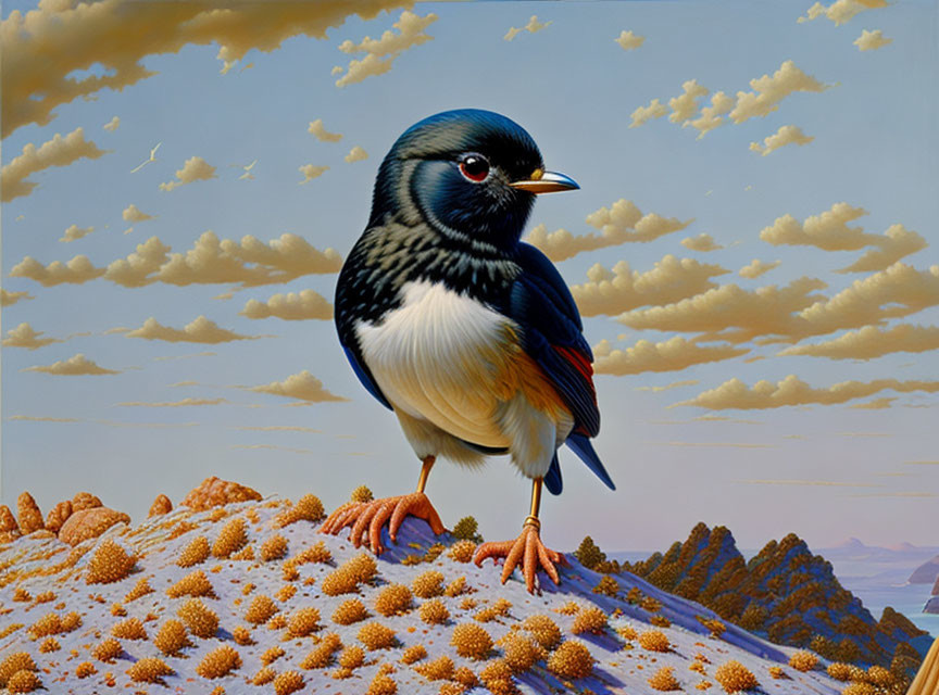 Colorful bird painting on textured desert landscape under blue sky