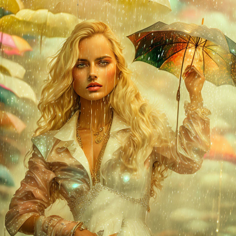 Blonde woman with colorful umbrella in rainy scene