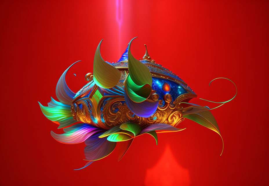 Colorful 3D Fish-like Structure on Red Background with Blue Light Beam