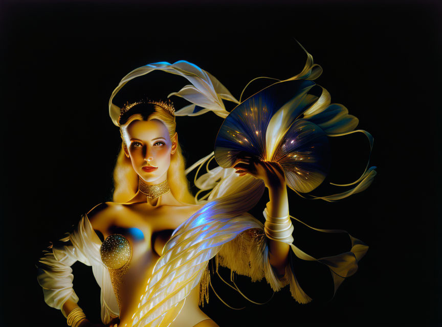 Woman in artistic makeup with iridescent costume elements against dark background