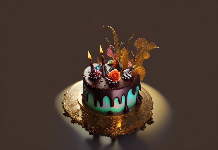 Luxurious Chocolate Cake with Dripping Icing and Decorative Ornaments