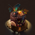 Colorful Flower and Butterfly Chocolate Cake with Lit Candle