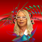 Blonde woman with striking makeup and blue ribbon on red background