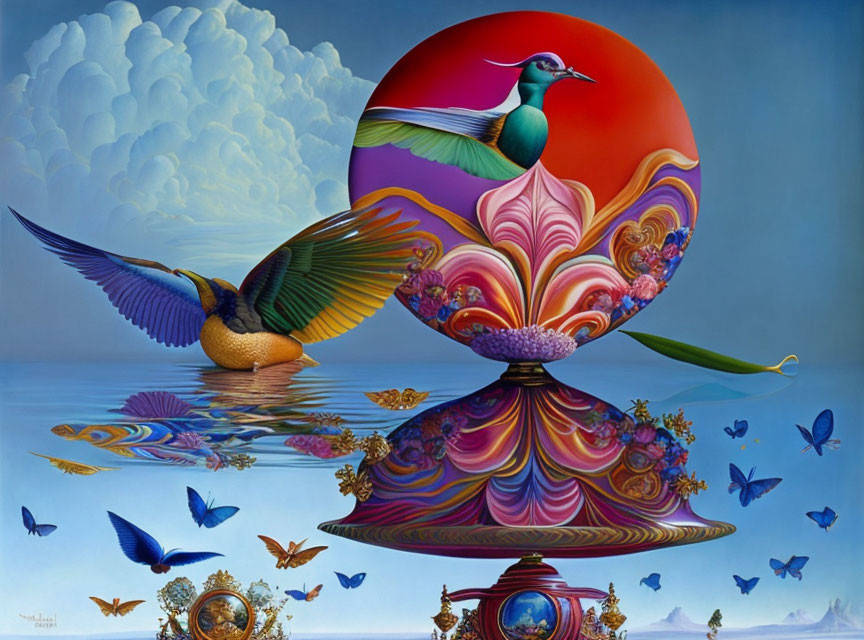 Vibrant surreal painting: abstract ducks, butterflies, flowers, watch