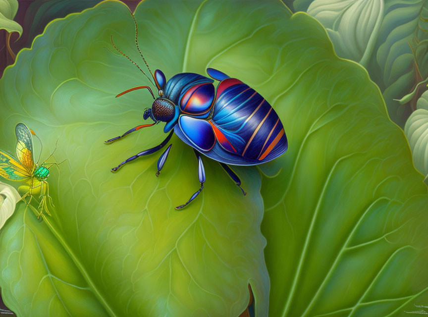 Colorful iridescent beetle on green leaf with smaller insect, soft-focus foliage background