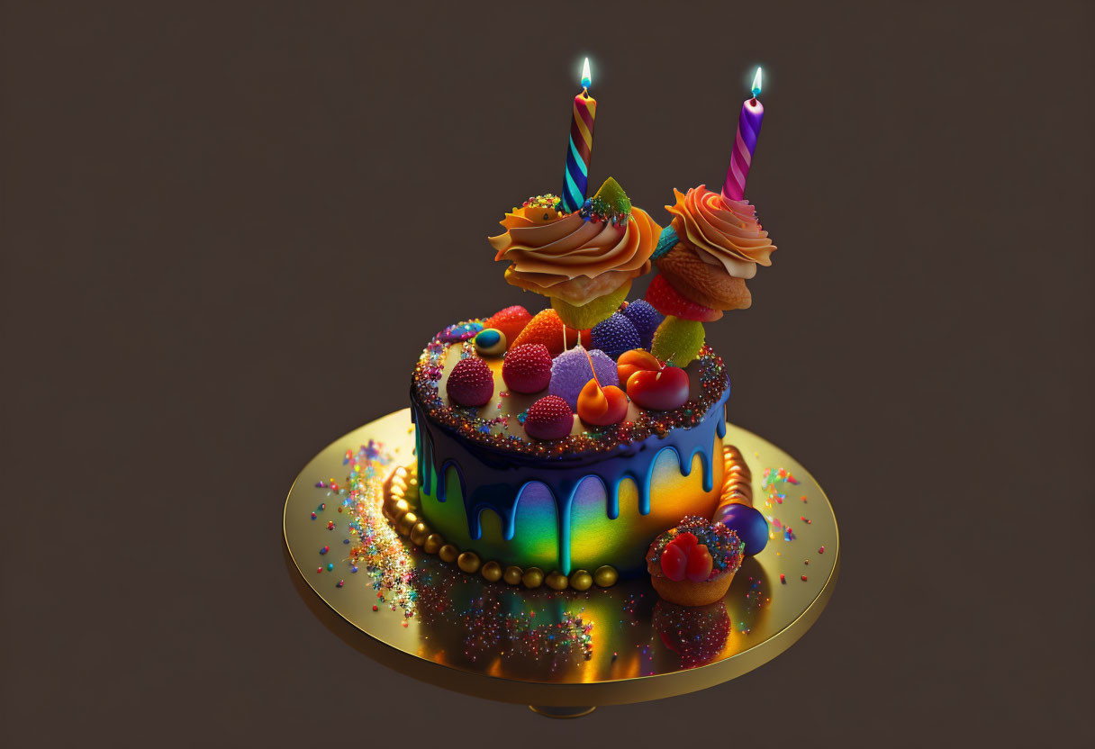 Colorful two-tiered birthday cake with dripping icing, candies, fruit, and candles on golden stand