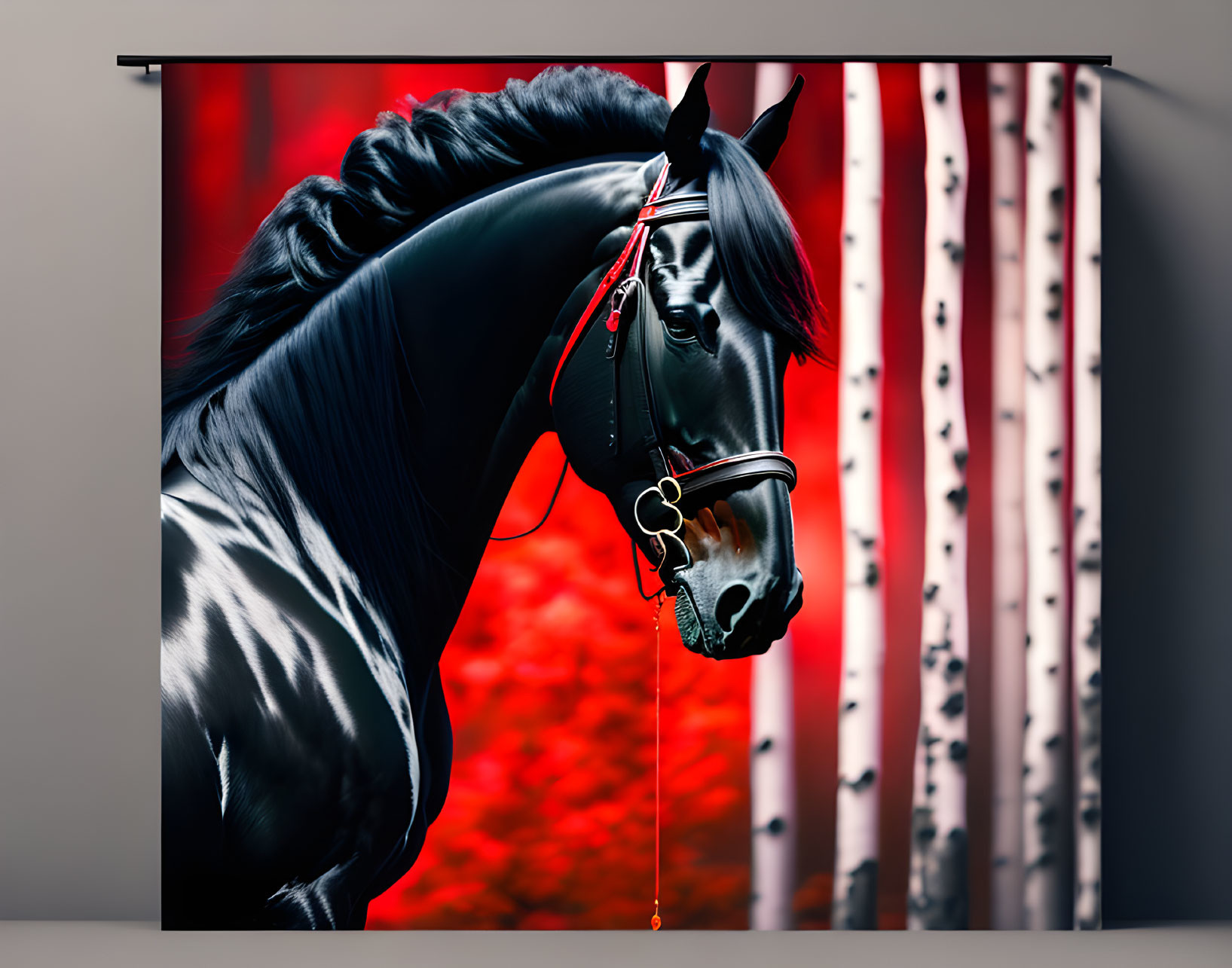 High-contrast black horse with bridle on red and white striped wall art print