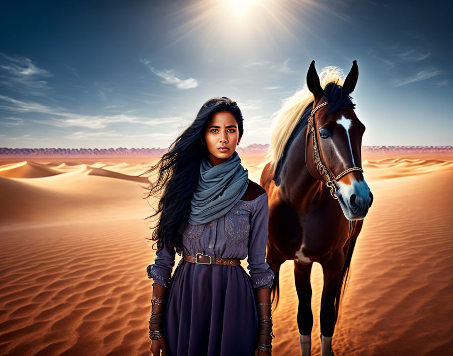 Woman and horse in desert with sand dunes and low sun.