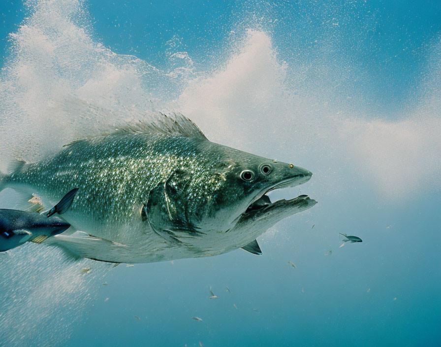 Large Fish Swimming Among Tiny Fish and Bubbles in Clear Blue Water