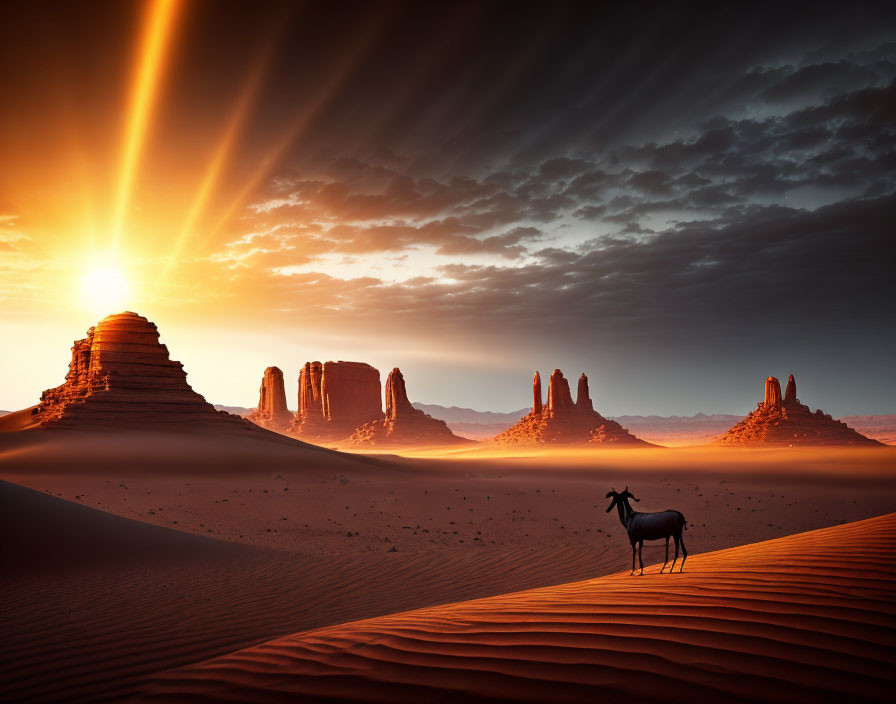 Desert sunrise with lone horse on dunes & rock formations