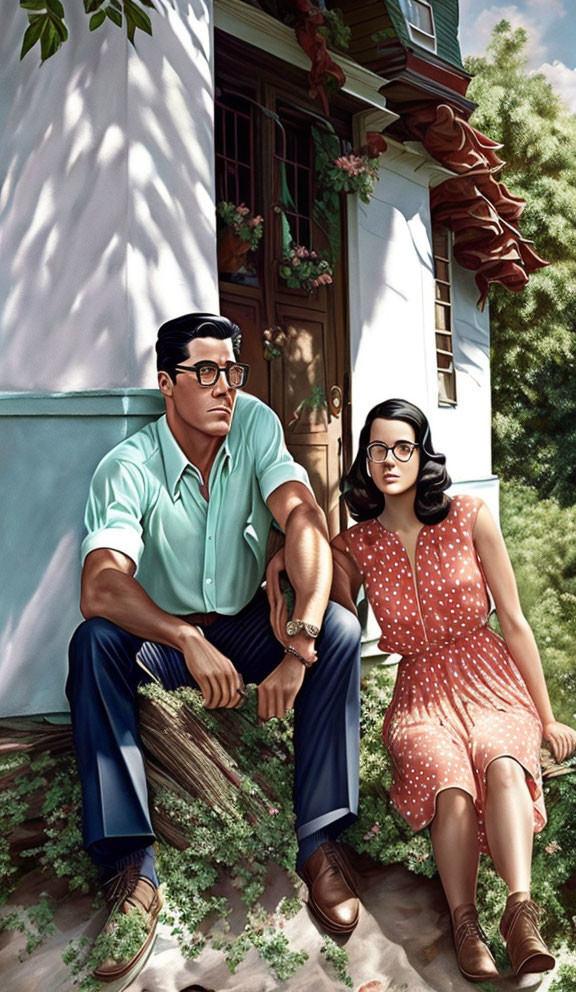 Vintage man and woman illustration on porch step with overgrown house backdrop