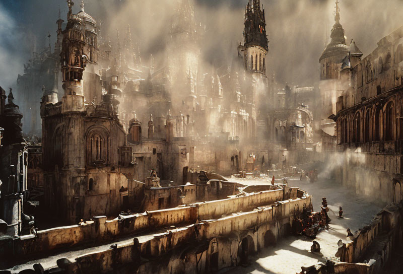 Sunbeams illuminate ancient Gothic cityscape with period attire people.