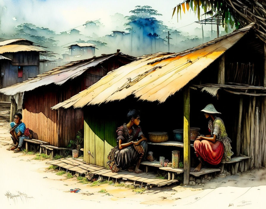 Rural scene with three people outside wooden huts in misty greenery