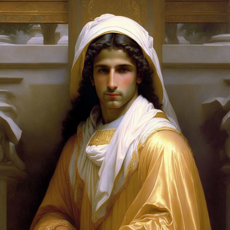 Classical painting of individual in white robe and headdress