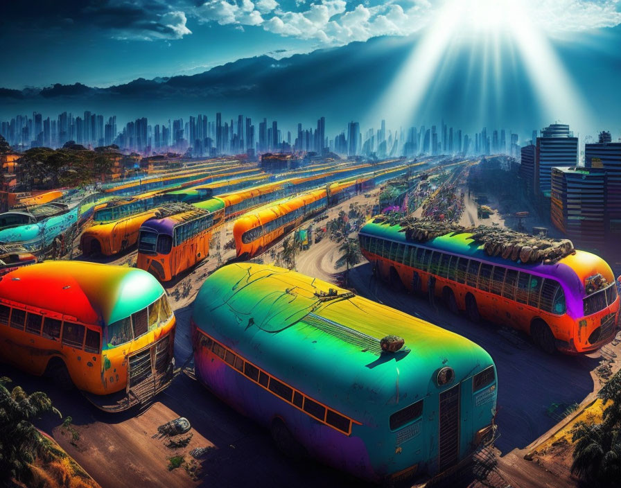 Colorful buses parked under dramatic sky in cityscape.