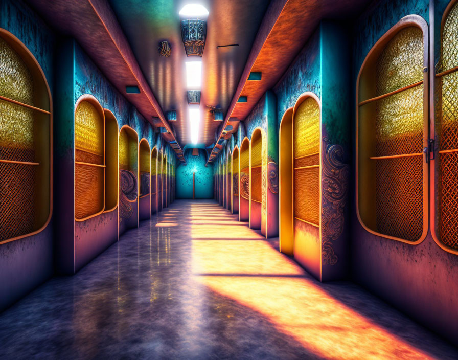 Colorful corridor with ornate doors and shadows on shiny floor