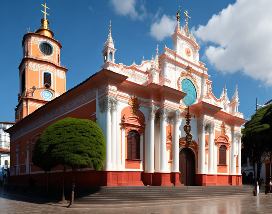 Vibrant orange church with white decorations under clear blue sky