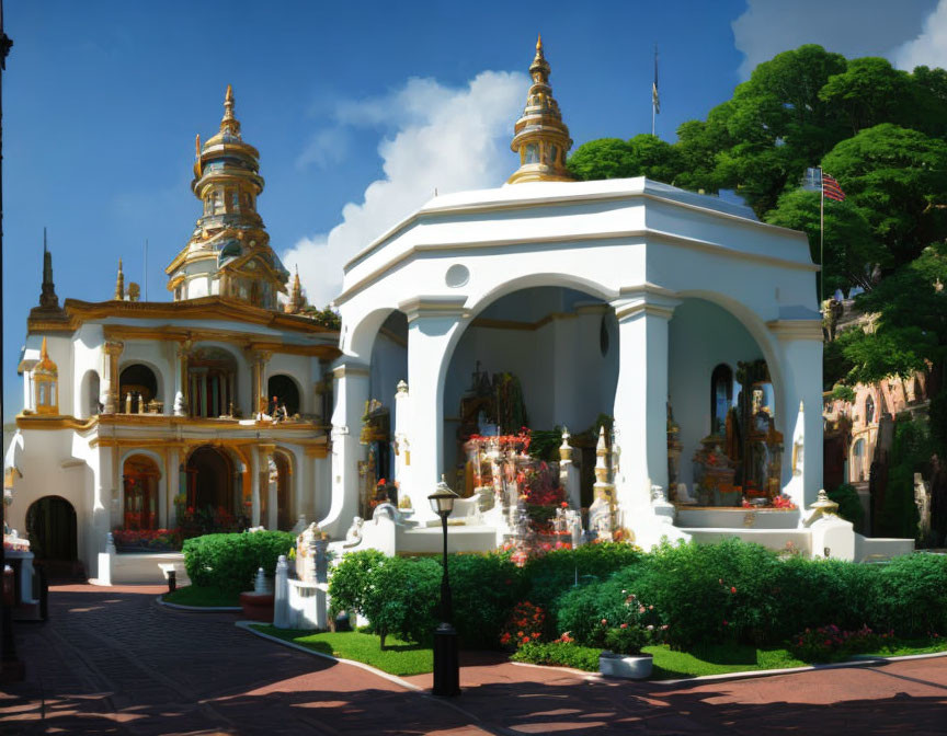 White and Gold Temple Structure with Statues in Lush Garden