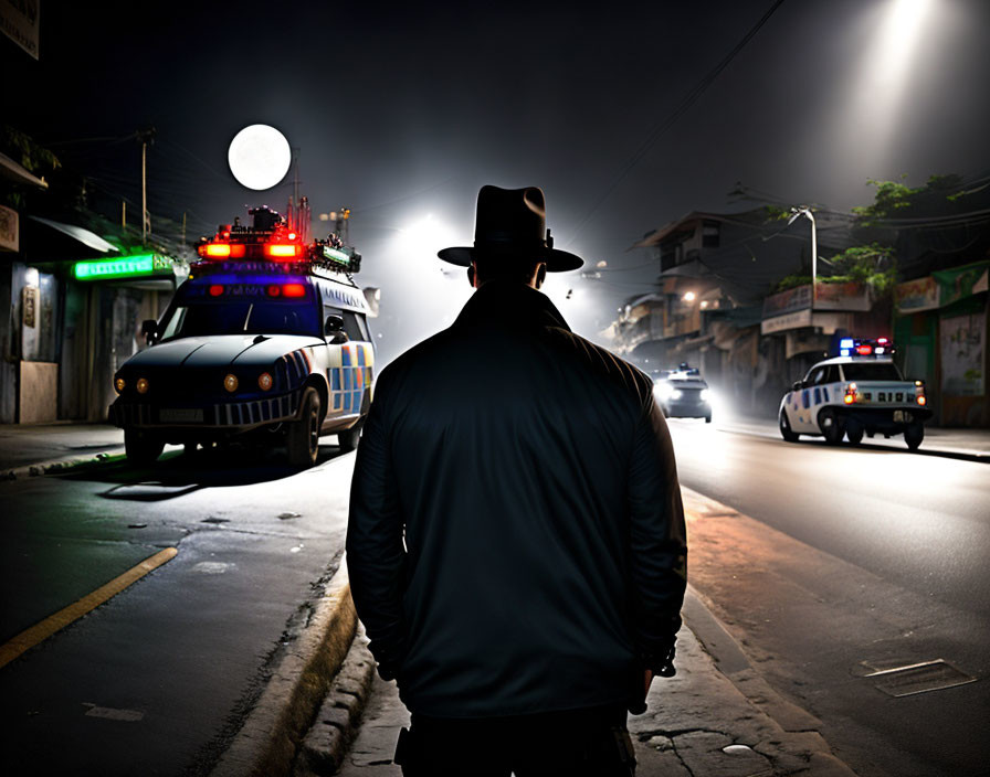 Silhouette of person with hat under bright moon & police cars on misty night street