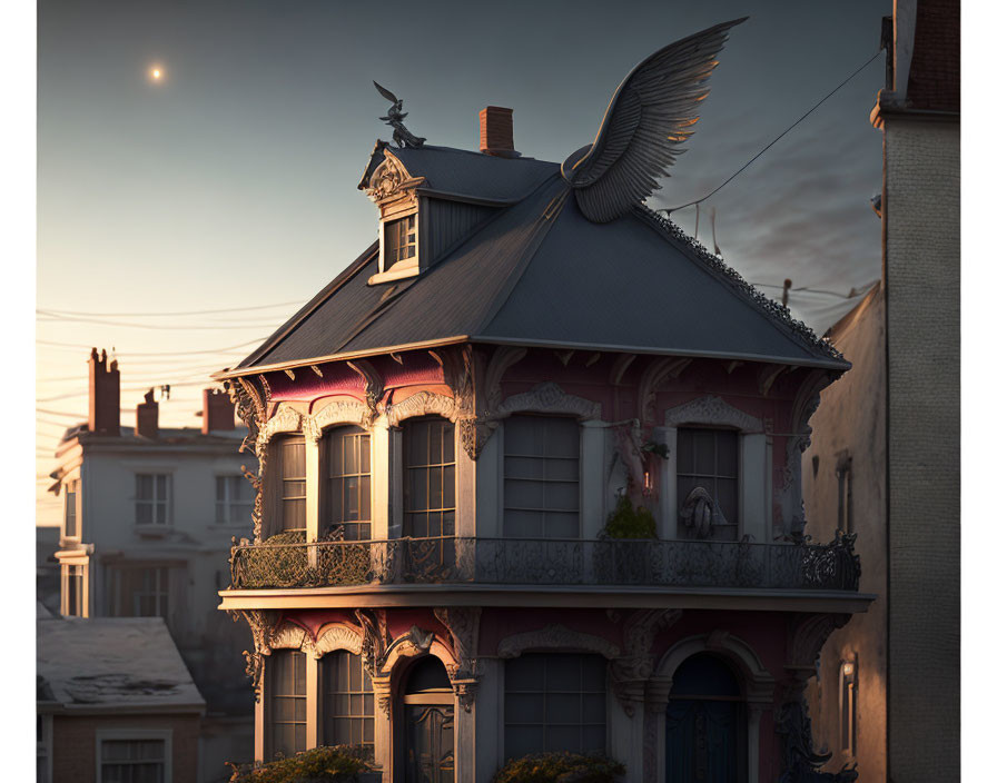 Victorian house with winged statue at dusk under crescent moon