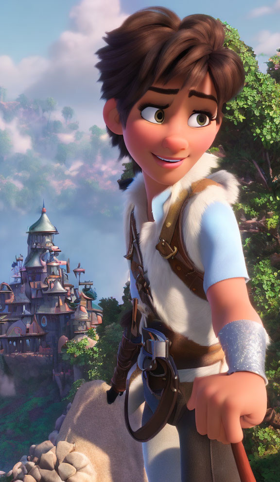 Smiling young male character with sword hilt in front of whimsical castle