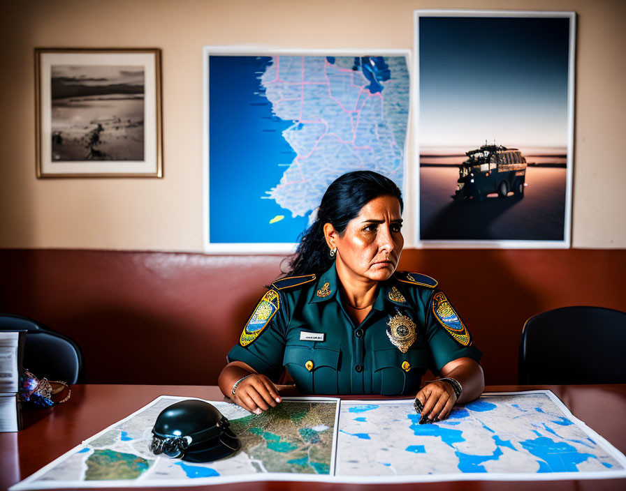 Police woman studying maps in room with photos and map on wall