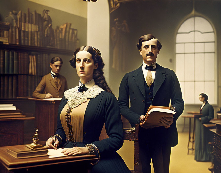 Colorized Vintage Photograph: Woman Sitting, Three Men Standing in Library