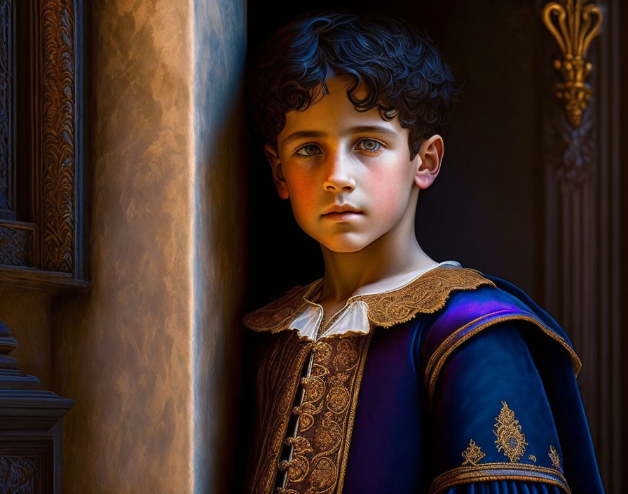 Young boy in historical costume with golden embroidery by wooden door