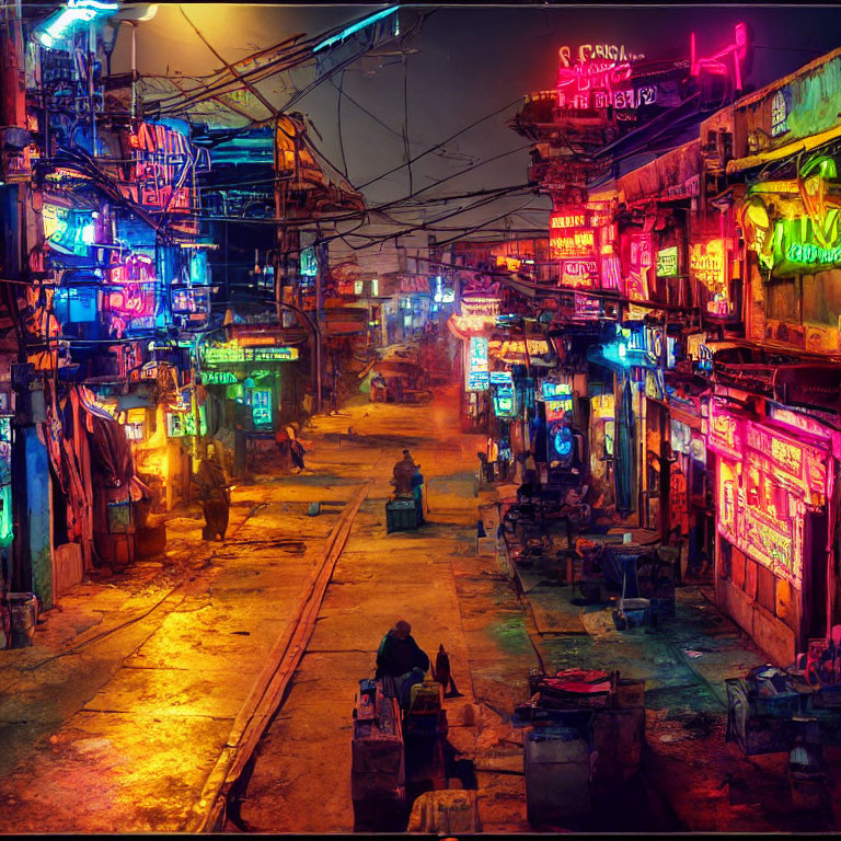 Neon-lit narrow street at night with vibrant colors